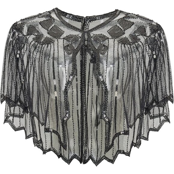 🆕 Women Black Sequin Beaded Evening Cape Stylish Design Prom Party Shawl Wraps - Picture 1 of 6